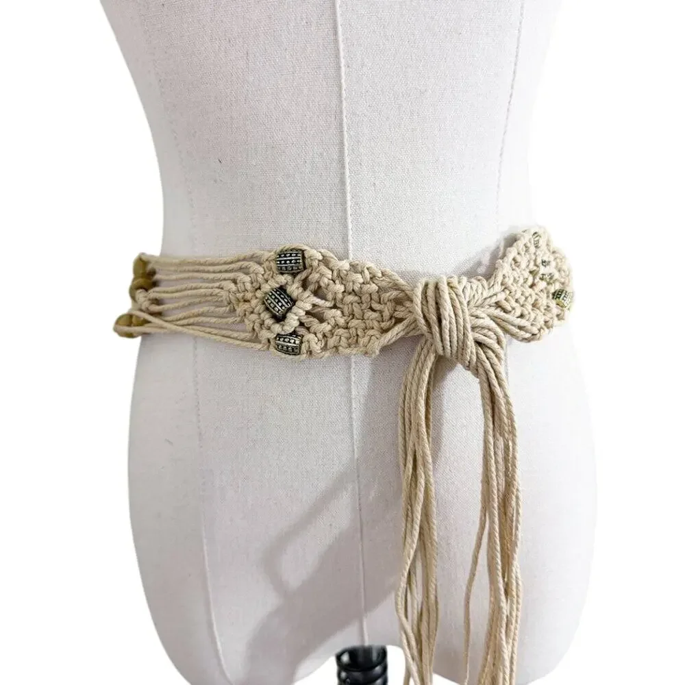 Vintage Y2K Tan Beaded Macrame Belt Women's Size OS EUC Tie Closure